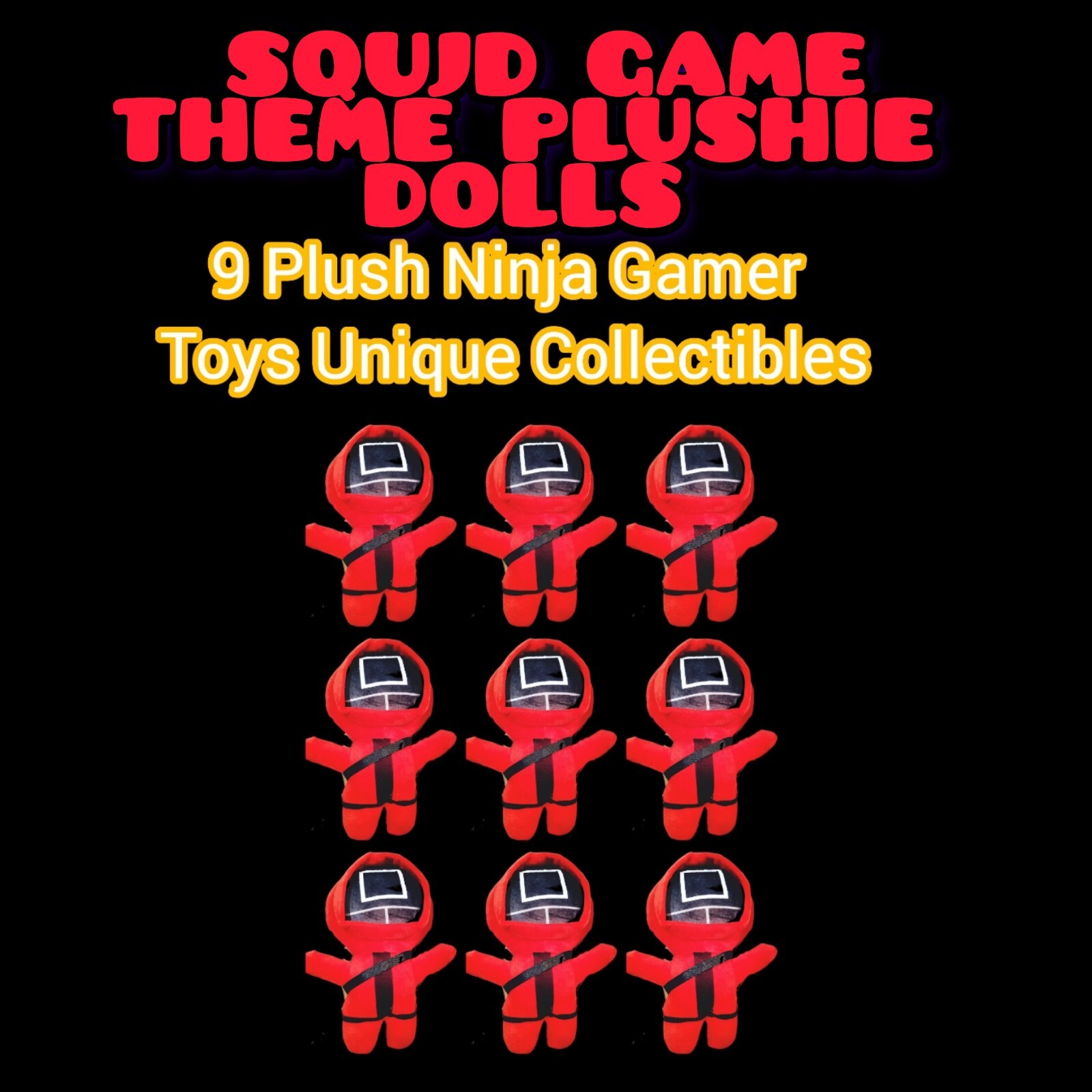 9 Red Plushie Squid Game Ninja Toys Bundle + Arcade Poster