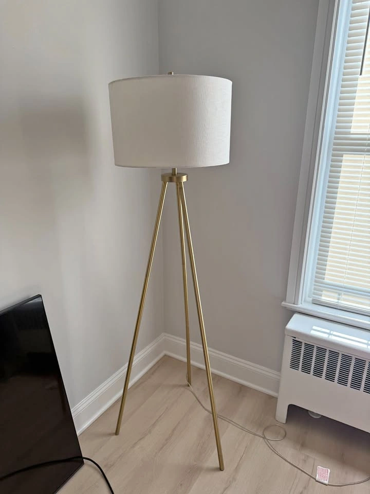 62" Modern Brass Tripod Floor Lamp w/ White Linen Shade
