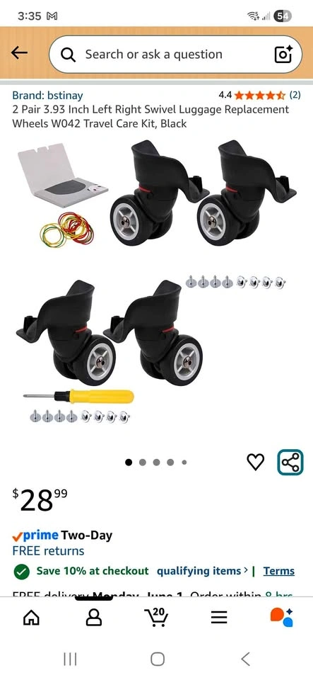 Swivel Luggage Replacement Wheels W042 Travel Care Kit, Black