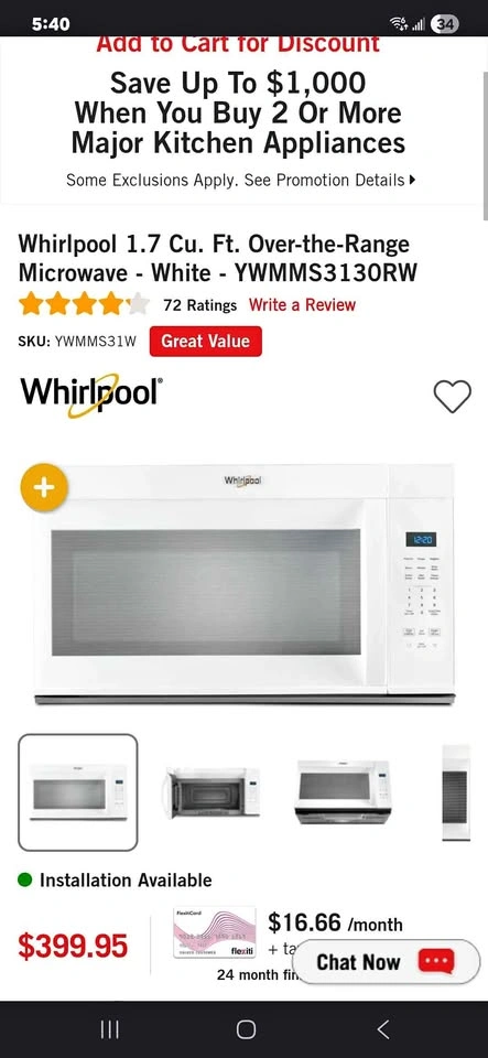 Brand new Whirlpool 1.7 cu ft Over-the-Range Microwave