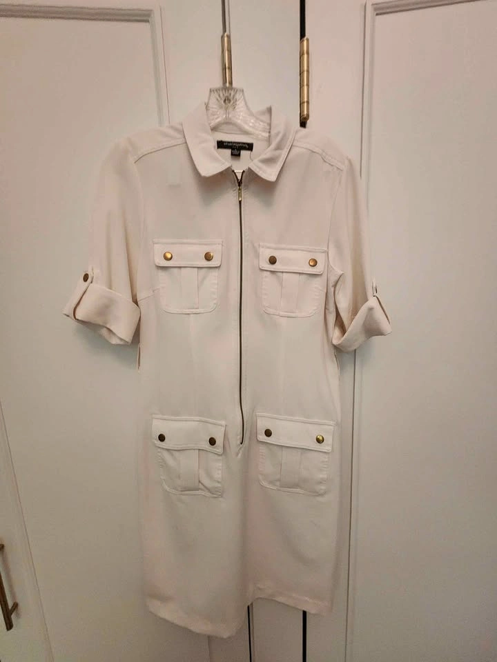 White fitted zip front shirt dress