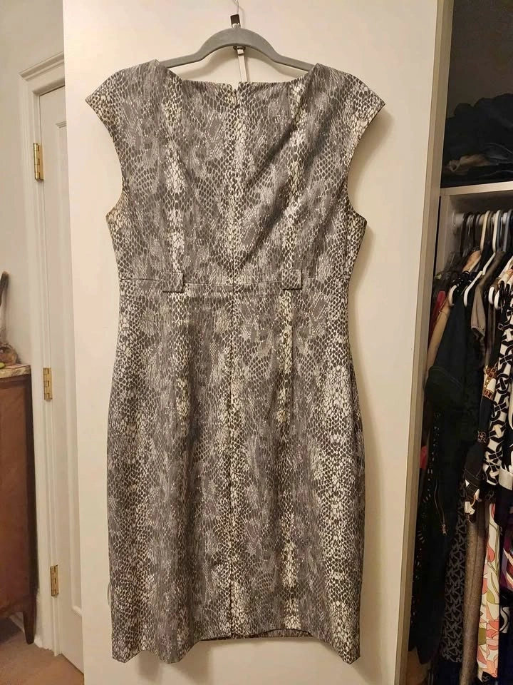 Gray Leopard Calvin Klein Dress with Silver Belt - Size 6