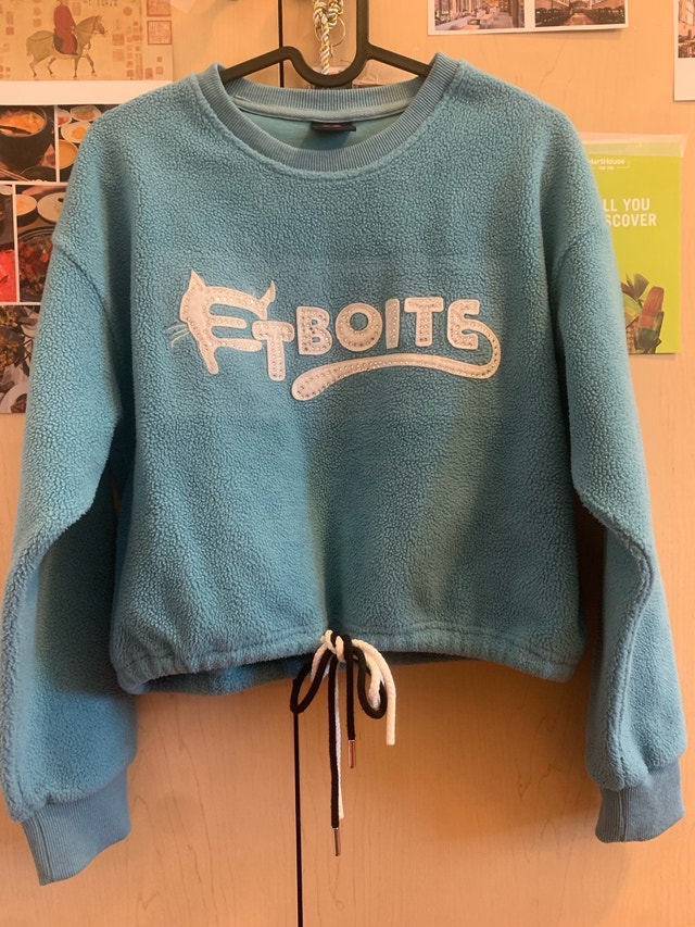 S Baby Blue Cropped Fleece Sweatshirt Rhinestone Graphic