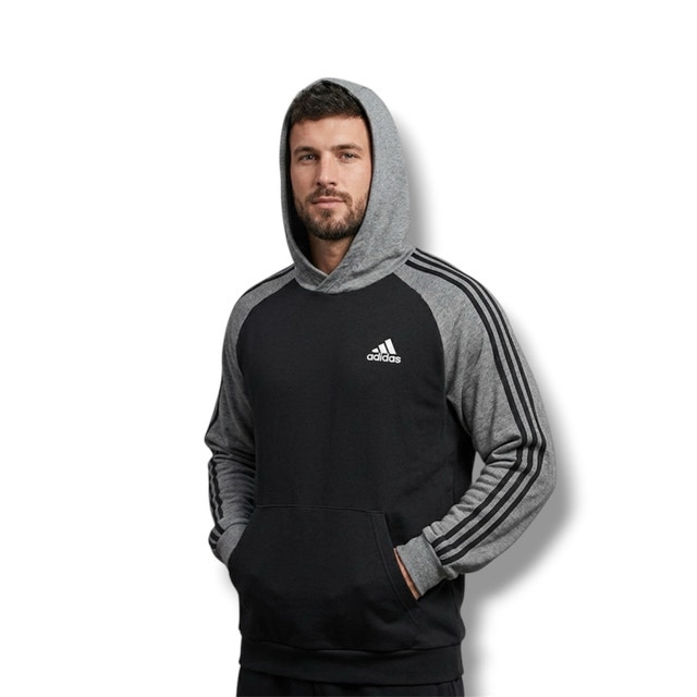 Adidas Black Gray 3 Stripes Hooded Sweatshirt - Size Large