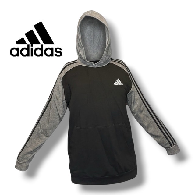 Adidas Black Gray 3 Stripes Hooded Sweatshirt - Size Large - photo 2