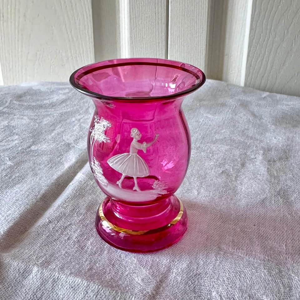 Victorian Mary Gregory Style Cranberry Glass Bud Vase
