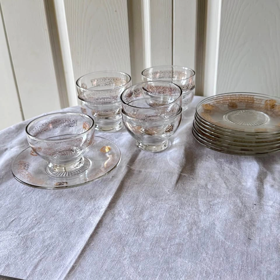 Vintage Gold Leaf Glass Dessert Bowls & Plates Set