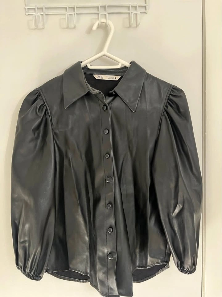 Zara Puff Sleeve Black PU Leather Top