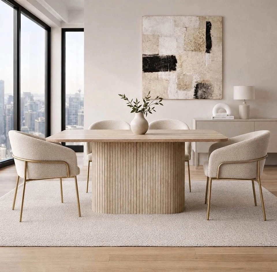 63" Fluted Pedestal Dining Table - Beige Stone Pattern
