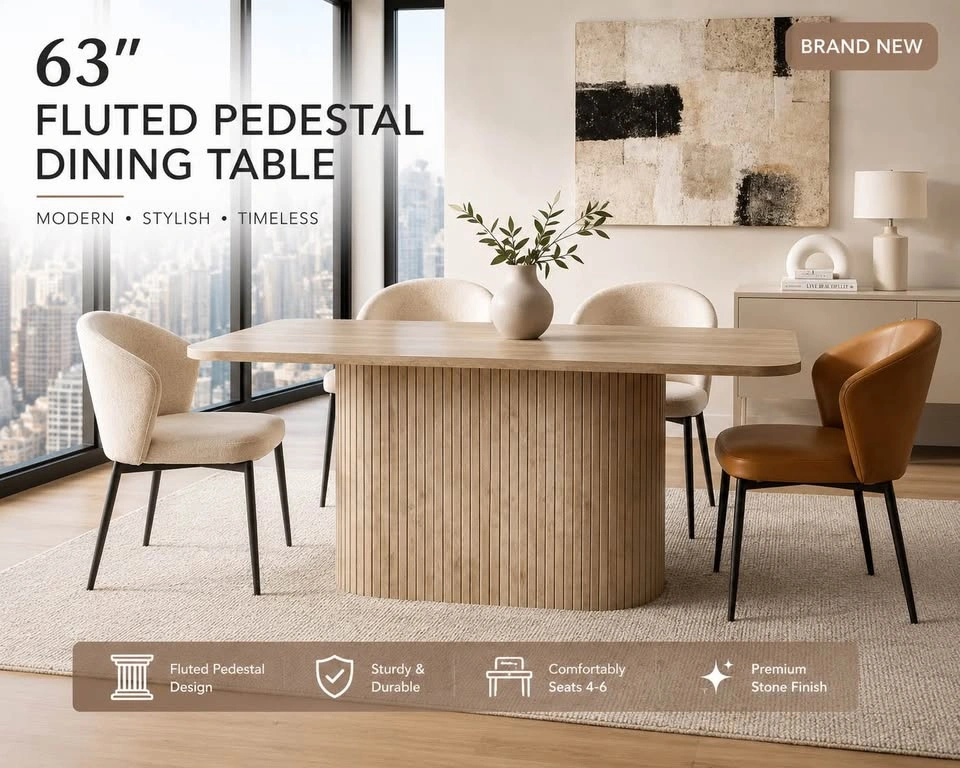 63" Fluted Pedestal Dining Table - Beige Stone Pattern - photo 2