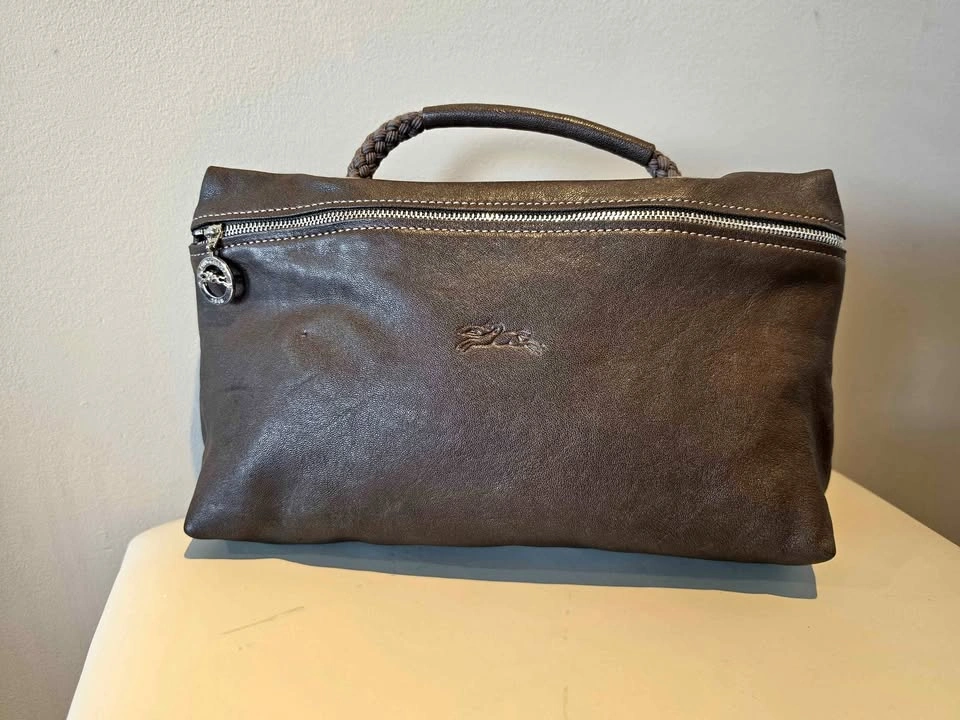 Longchamp Brown Leather Top Handle Pouch Bag