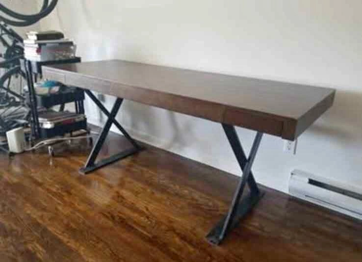 Solid Wood Top Table with Metal Legs & 2 Drawers
