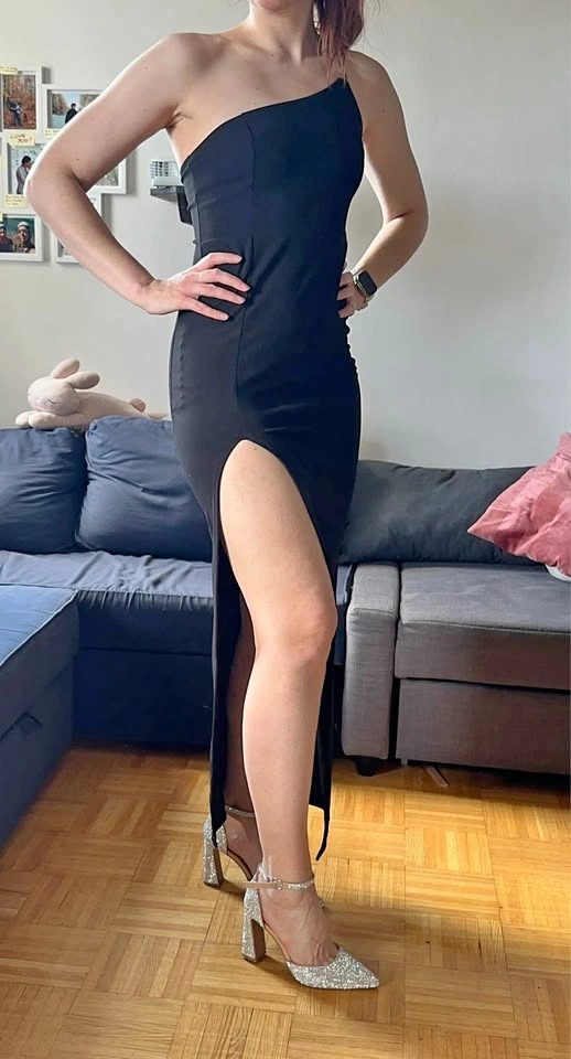 Black Dress Size M, Maxi Length, One Shoulder, High Slit, BNWT