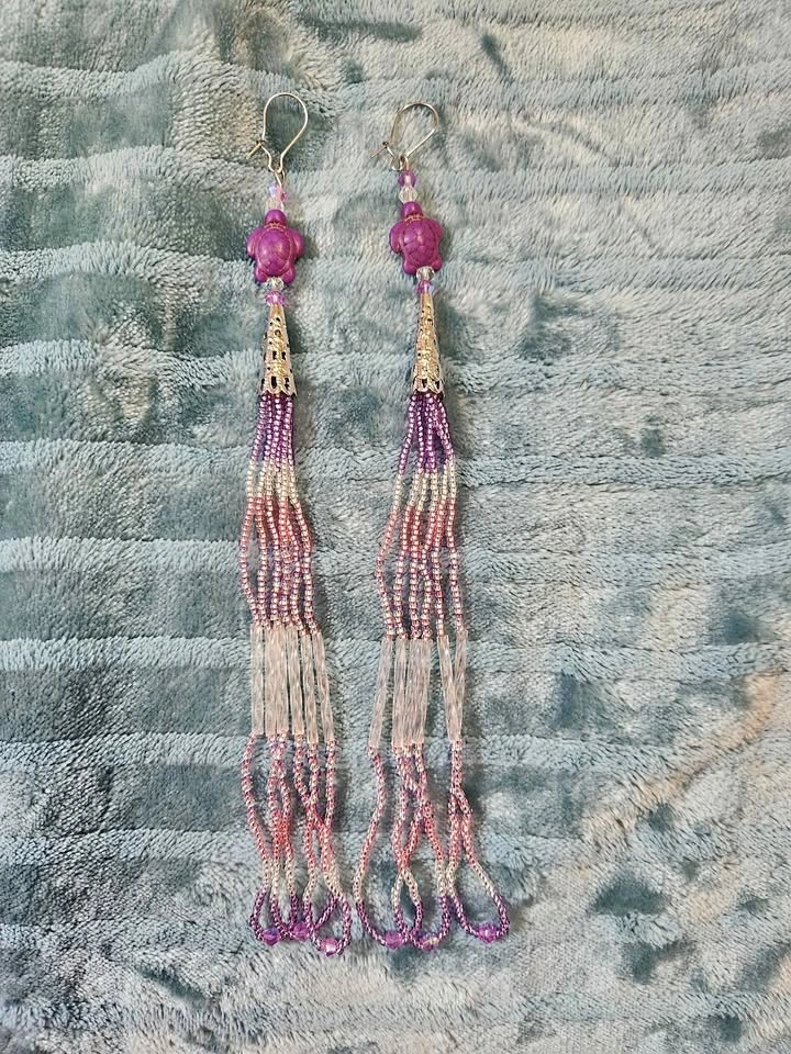 Purple Pink Turtle Beaded Tassel Earrings