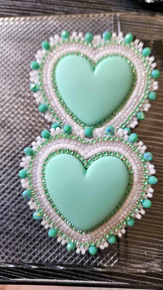 Indigenous made Mint Green Beaded Heart Earrings