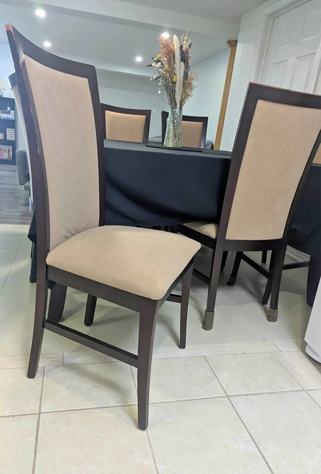 8 Dark Wood Finish Beige Upholstered Chairs