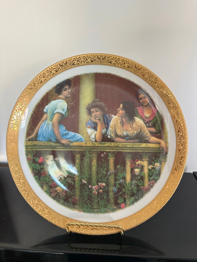 Limoges 22K Gold Plate "The Balcony" by Eugene De Blaas, 12" DIA