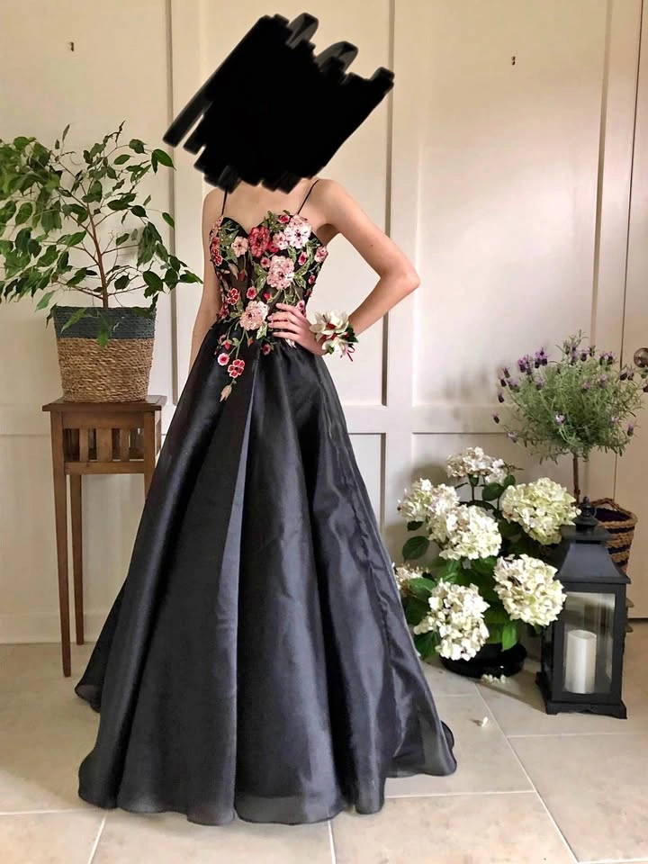 Gorgeous black floral embroidered grad dress