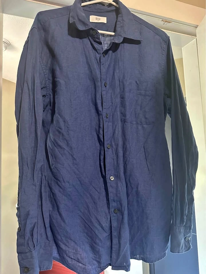 Uniqlo Navy Blue Premium Linen Button Up Shirt Large