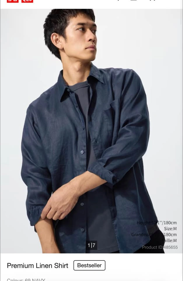 Uniqlo Navy Blue Premium Linen Button Up Shirt Large - photo 4