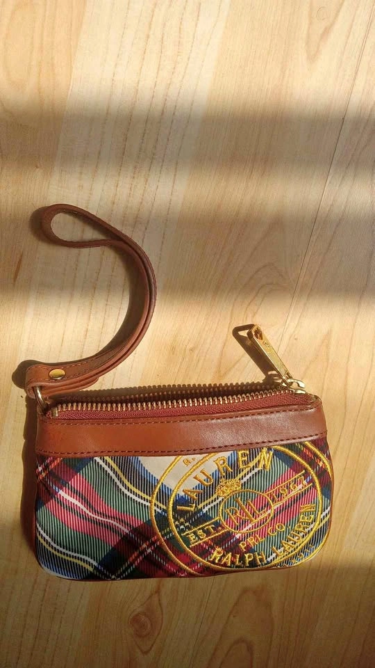 Lauren Ralph Lauren Colorful Plaid Wristlet Pouch Leather Trim