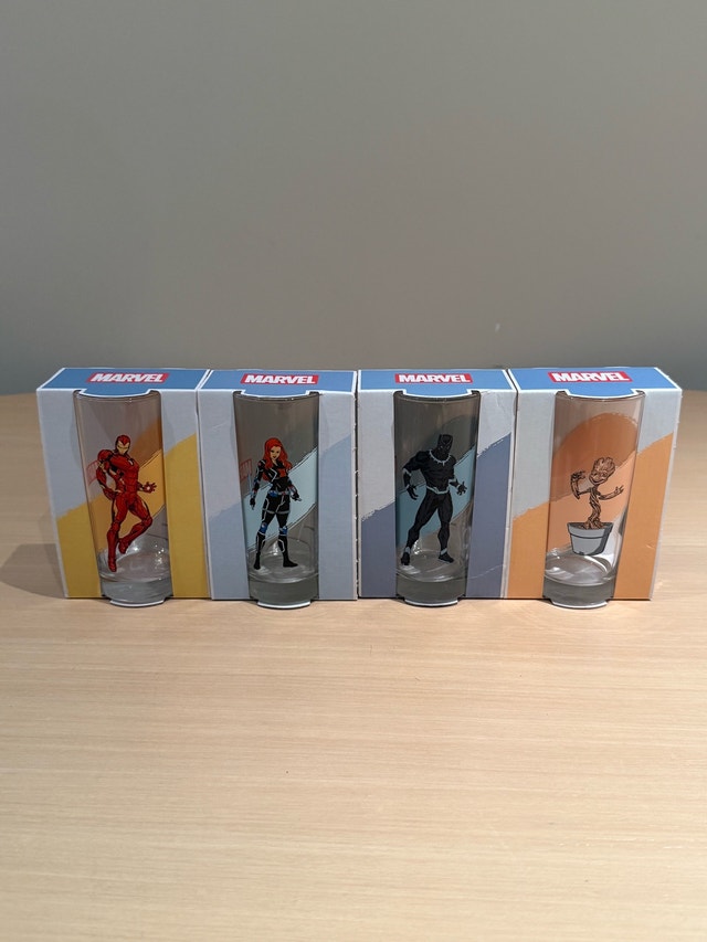 Marvel Drinking Glasses Set of 4 - Iron Man, Black Widow, Black