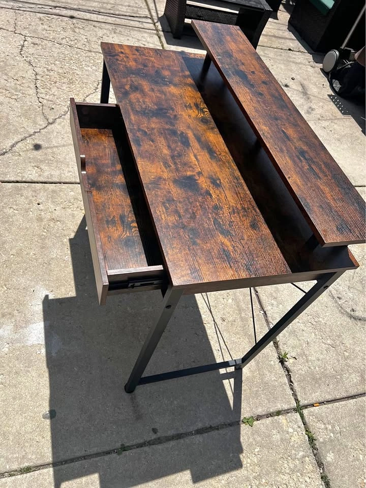 Computer Desk w/ Monitor Stand, Drawer & Shelf Wood/Metal Brown/