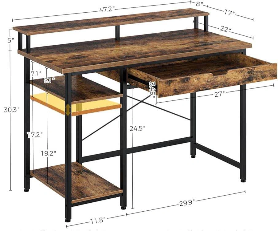 Computer Desk w/ Monitor Stand, Drawer & Shelf Wood/Metal Brown/ - photo 5