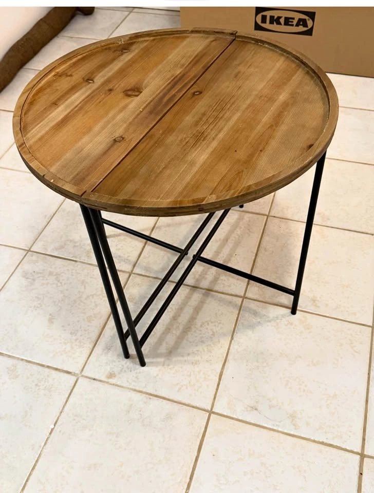 Half-Moon Side Table Set - Solid Wood Top, Black Metal Legs