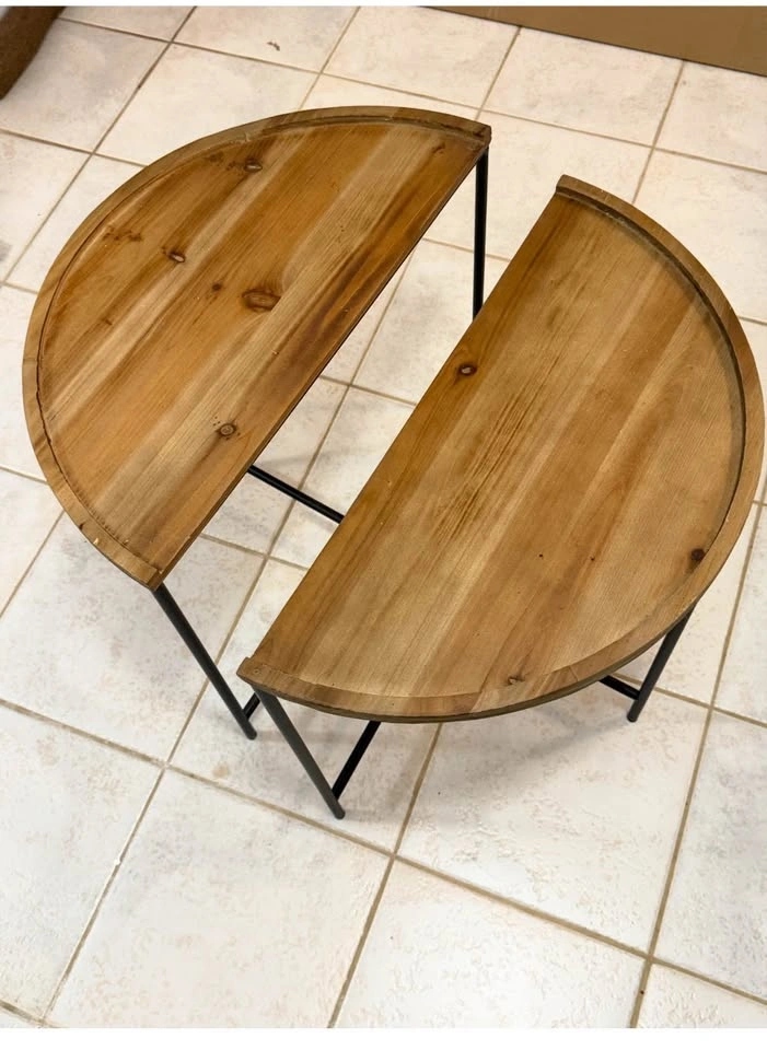 Half-Moon Side Table Set - Solid Wood Top, Black Metal Legs - photo 2