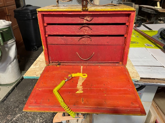 Vintage Wooden Fishing Tackle Box and Gear - photo 2