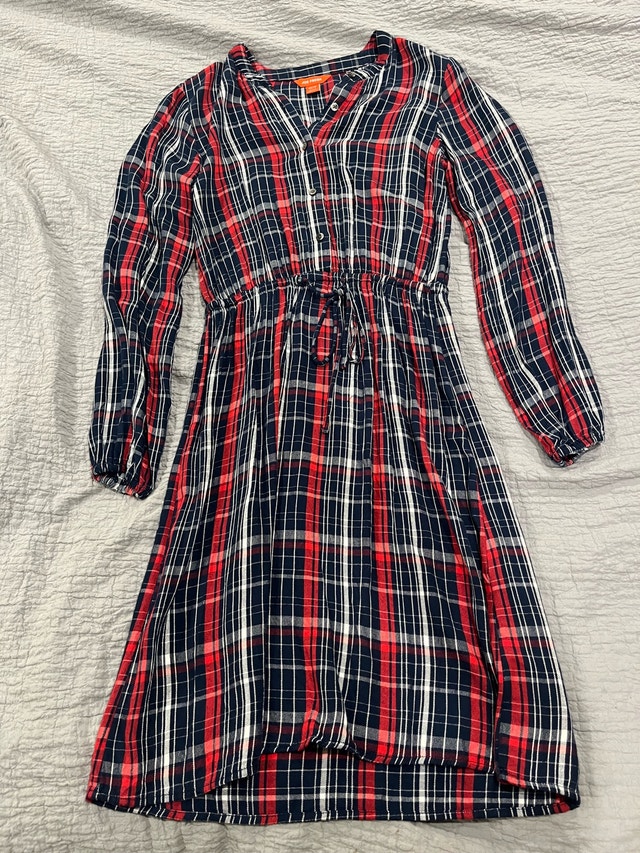 Joe Fresh Red Navy Plaid Long Sleeve Midi Dress XS