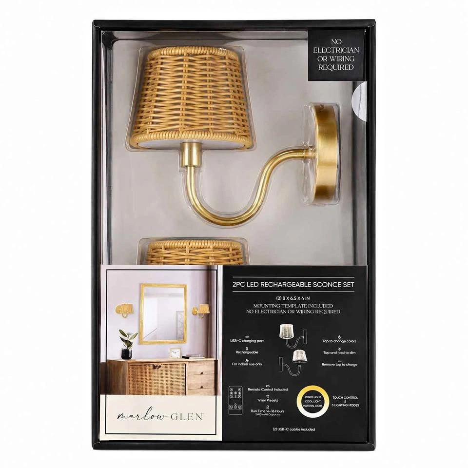 NEW Marlow Glen LED Rechargeable Wall Sconce Set (2 Pieces)