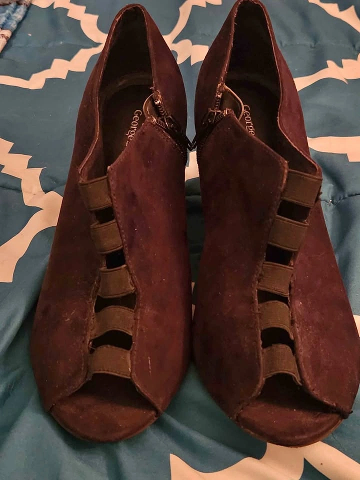 George Black Suede Peep Toe Wedge Booties Size 10
