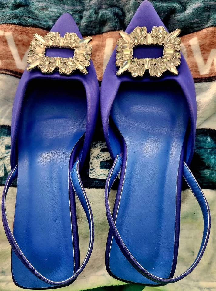 Blue Pointed Toe Slingback Heels with Crystal Buckle size 41