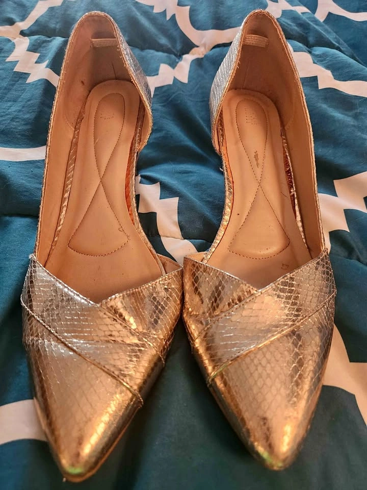 Gold Snakeskin Pointed Toe Heels 10M