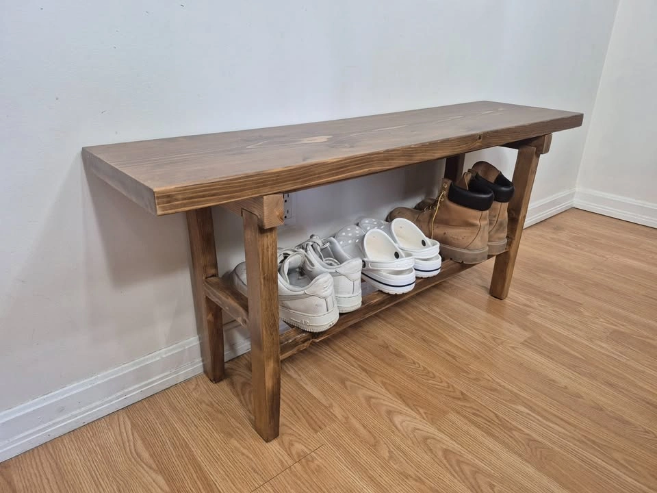 50" Entryway Bench with Shoe Shelf - Solid Wood, Rustic - photo 2