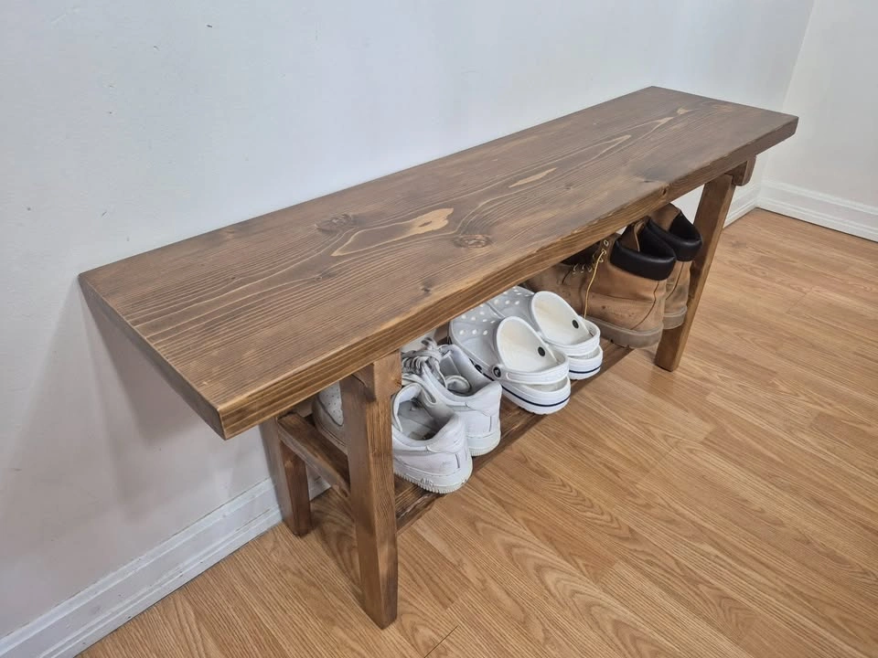50" Entryway Bench with Shoe Shelf - Solid Wood, Rustic - photo 4