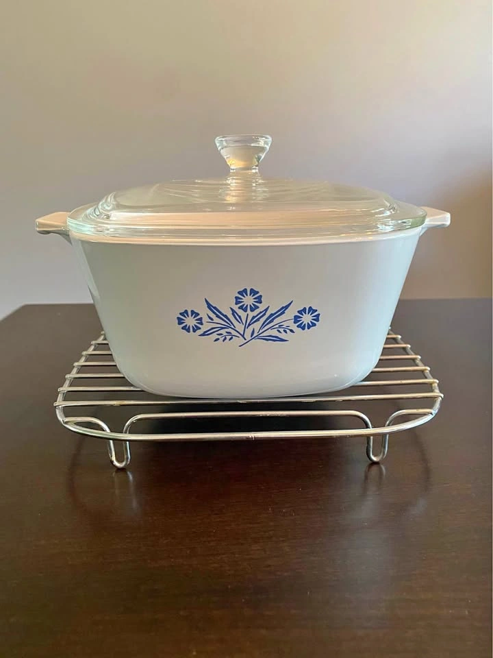 Vintage CorningWare Blue Flower Casserole Dish with Lid & Rack
