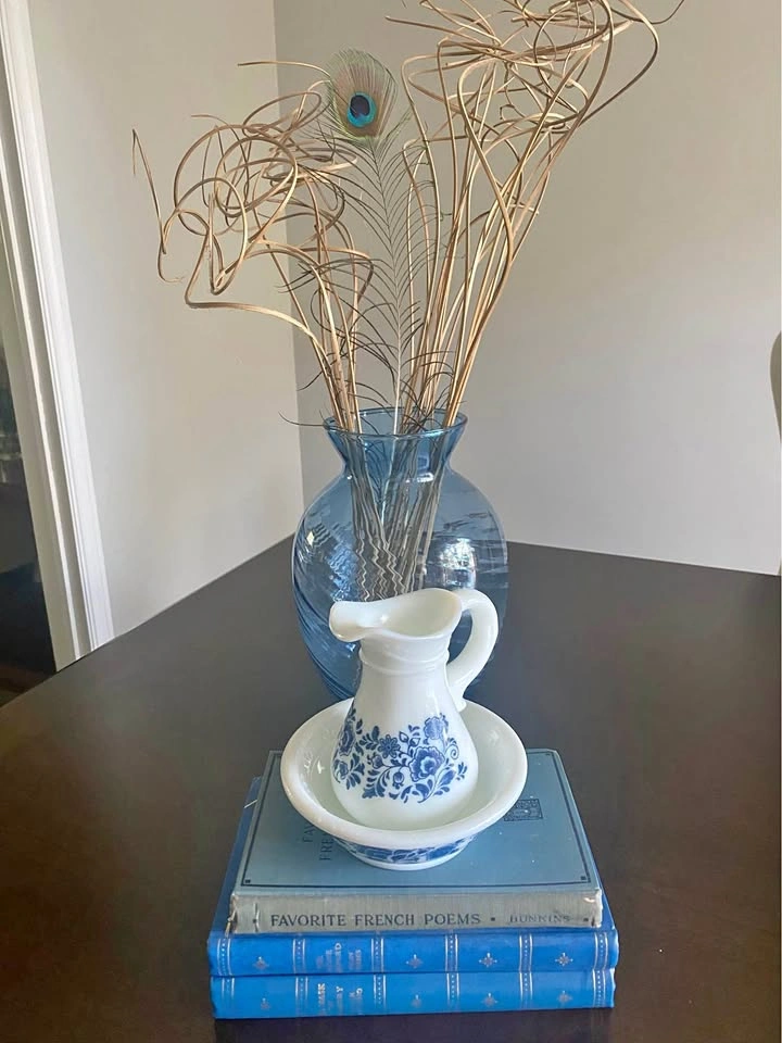 Vintage Avon 1970s Milk Glass & Blue Flowers Cruet & Bowl