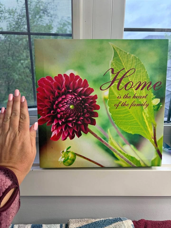 Dahlia Flower Canvas Wall Art "Home is the heart of the family"