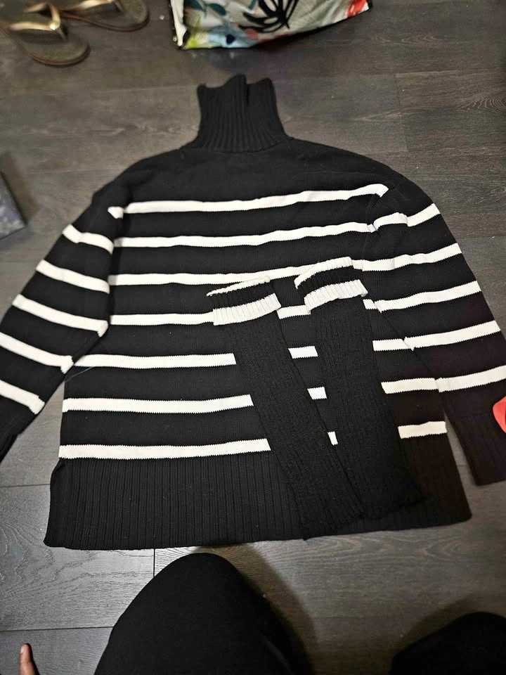 Black and white striped turtleneck sweater