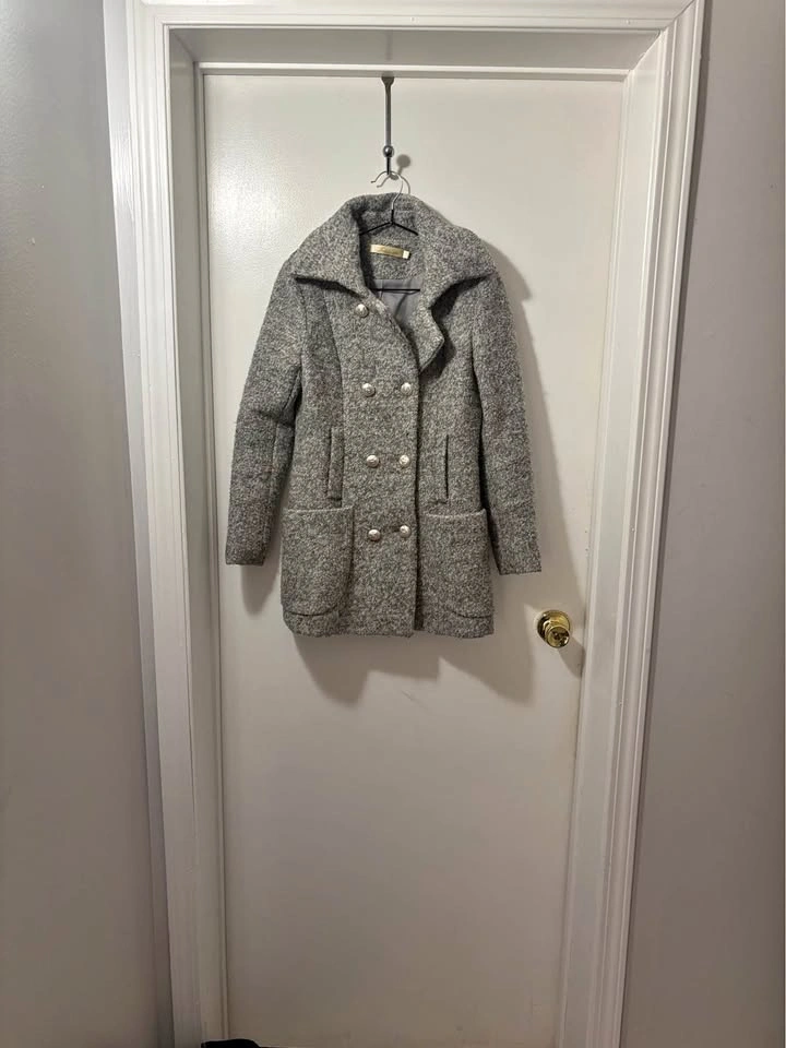 Tudala Grey Double-Breasted Wool Blend Coat