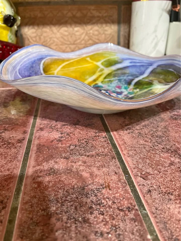 Hand Blown Studio Art Glass Bowl with Vibrant Speckled Frit Cent