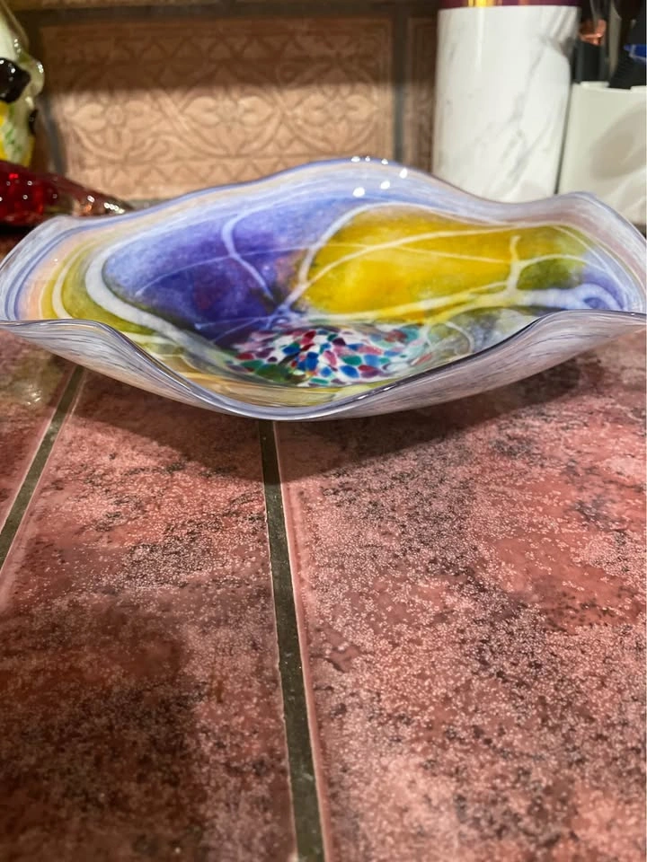 Hand Blown Studio Art Glass Bowl with Vibrant Speckled Frit Cent - photo 2