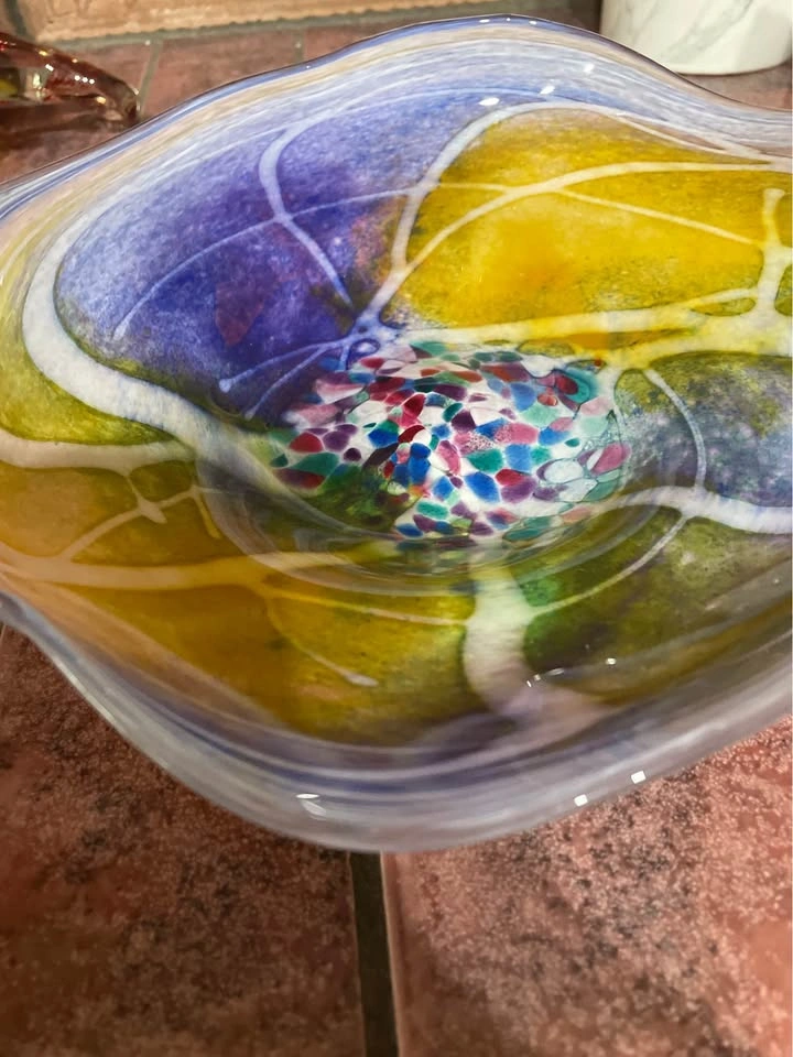 Hand Blown Studio Art Glass Bowl with Vibrant Speckled Frit Cent - photo 3