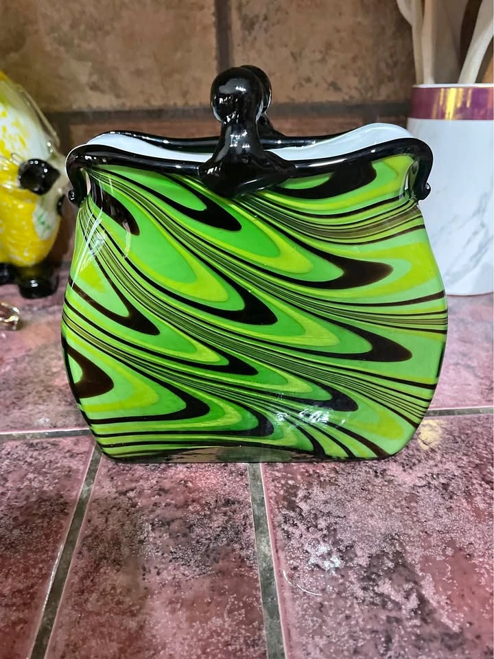 Murano Style Green & Yellow Swirl Art Glass Purse Vase