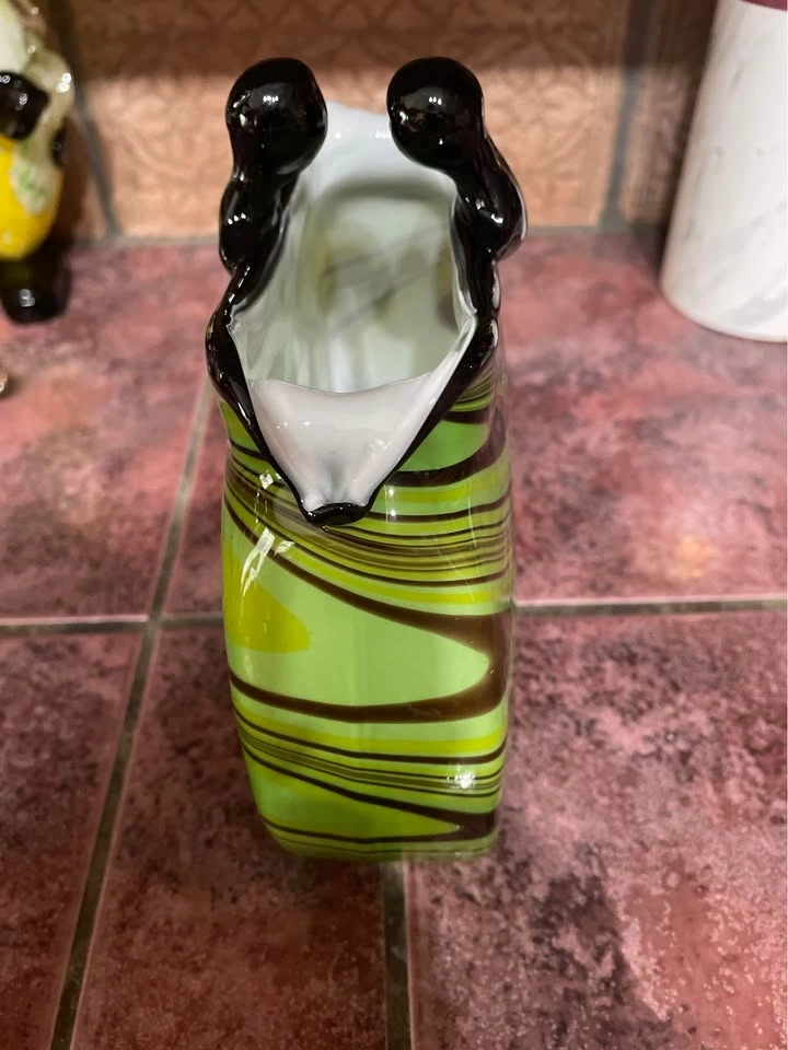 Murano Style Green & Yellow Swirl Art Glass Purse Vase - photo 3