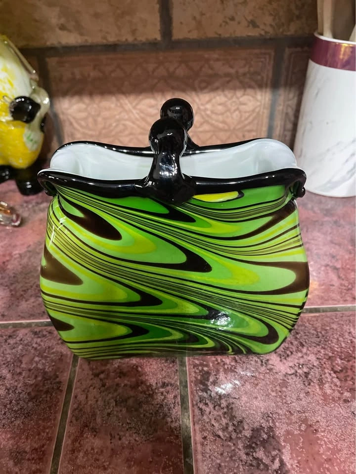 Murano Style Green & Yellow Swirl Art Glass Purse Vase - photo 4
