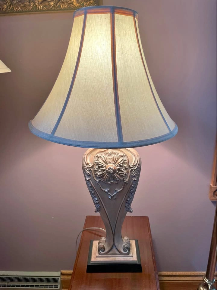 Traditional Ornate Resin Table Lamp with Cream Bell Shade